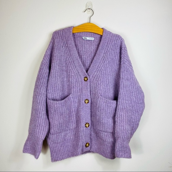 ZARA Lilac Mauve Wool Blend Oversized Knit Cardigan Front Pockets Size M - Picture 3 of 6